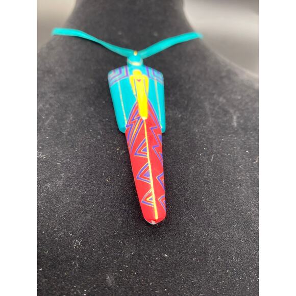 Vintage Signed brightly painted wood pendant Laurel Burch 1992 - Picture 2 of 5